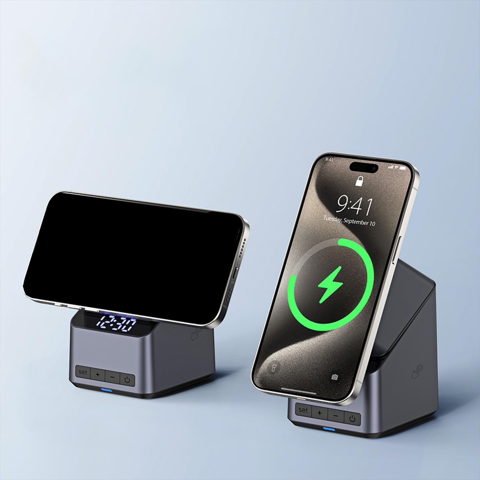 Hub de charge rotatif tactile 15 W pour téléphone portable, écouteurs, montre intégrée, horloge numérique LED intégrée, station de charge multifonction