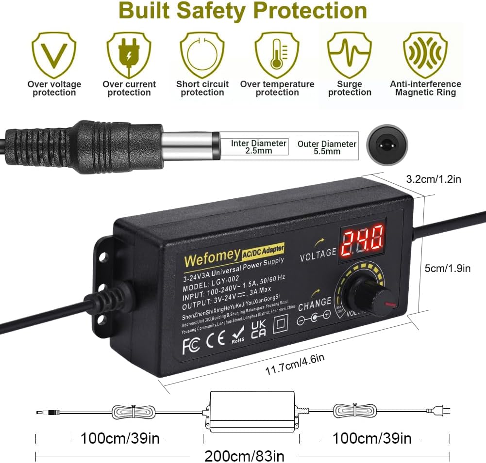 Wefomey 3V-24V 3A Universal Power Supply 72W Adjustable 2-Pin AC/DC Adapter