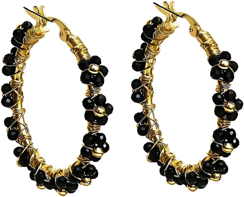 Gempires Gemstone Beaded Huggie Earrings Handmade Crystal Wire Wrapped Jewelry Hypoallergenic Non Tarnish Gold Plated Western Fashion Women Earrings