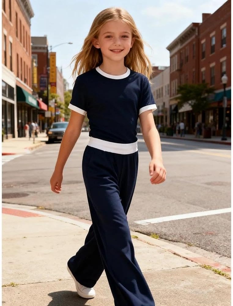 Voxikodex 7-14 Years Girls Sizes 2 Piece Casual Set Ruched Short Sleeve Fitted Waist-Cinched Top & Wide Leg Pants - Image 4