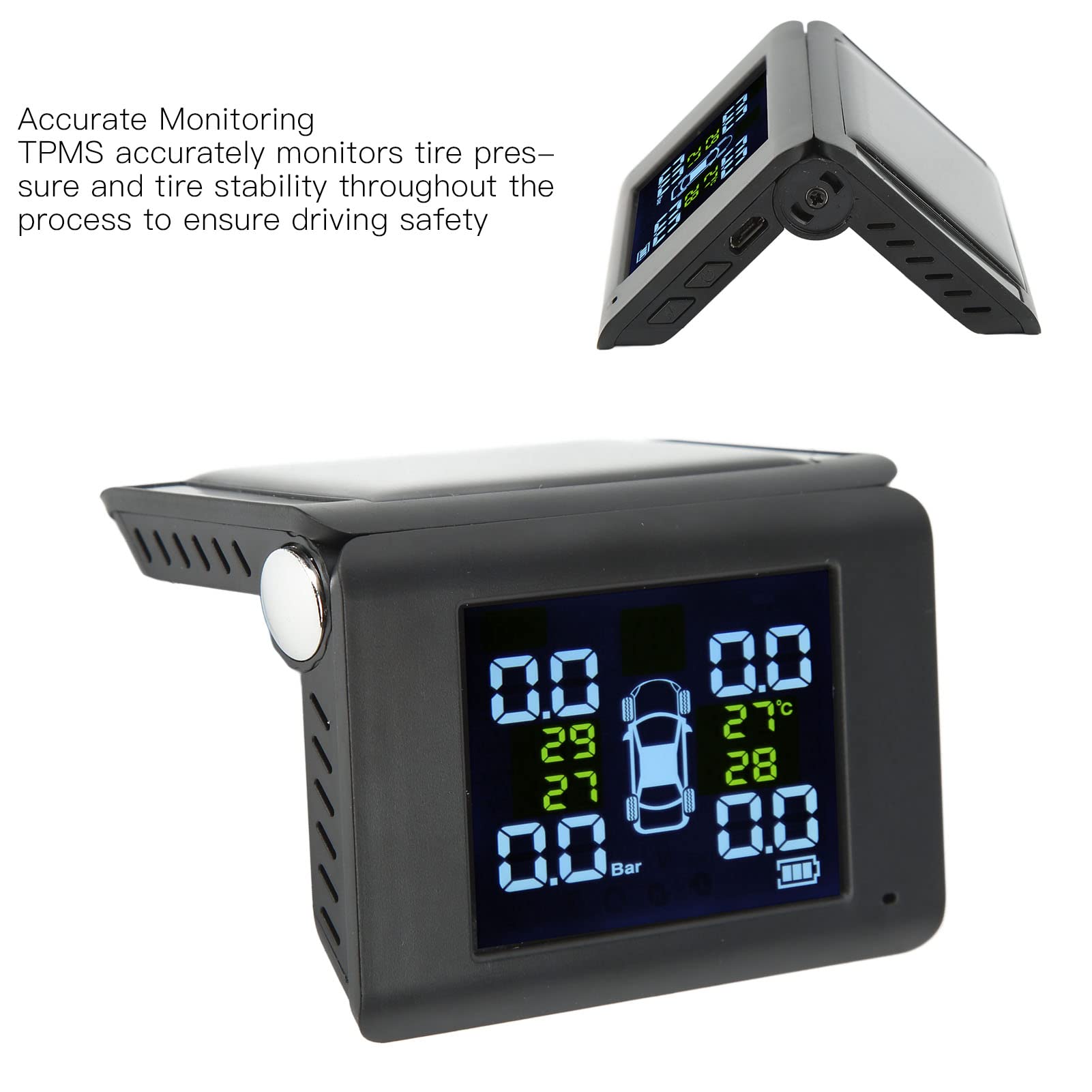 Focket Reifendrucküberwachungssystem, Drahtloses Solar-TPMS-Reifendrucküberwachungssystem mit 4 Externen Sensoren, LCD-Display, Echtzeit-Druck- und Temperaturwarnungen für Auto, Wohnmobil