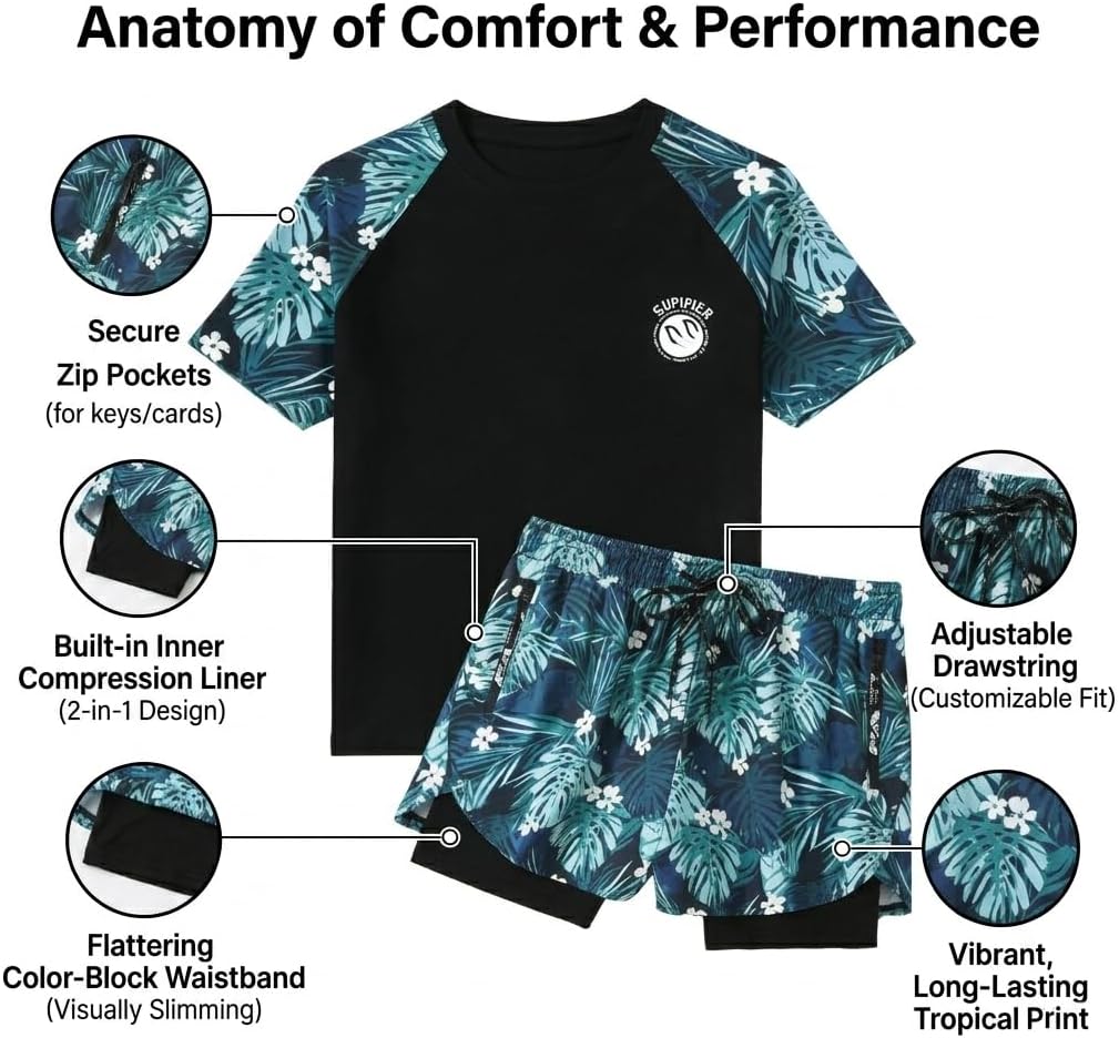 Women's Short Sleeve Swim Shirt Rash Two Piece Guard Swimsuit Top UPF50+ Sun Protection Bathing Suit with Boyshorts