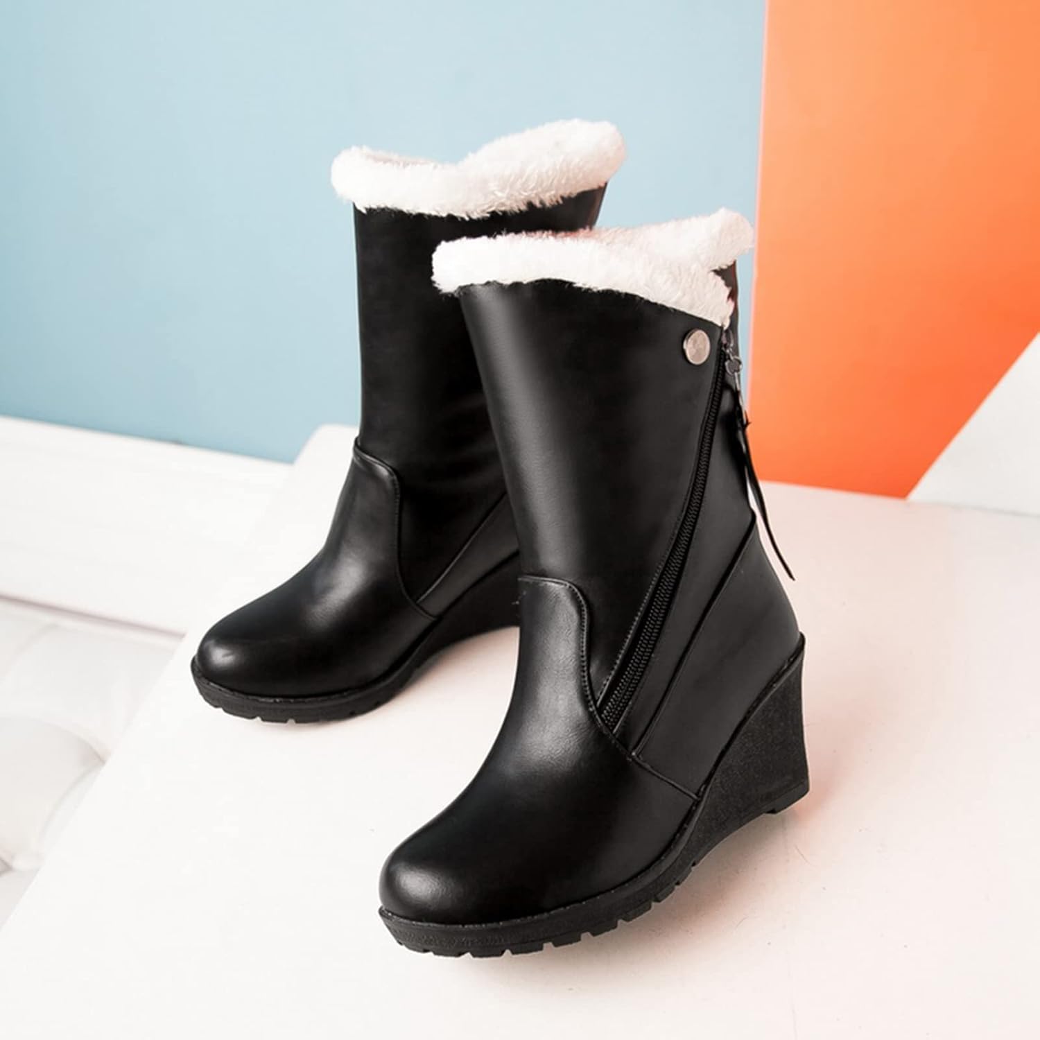 Gicoiz Womens Outdoor Warm Fur Lined Wedge Snow Boots