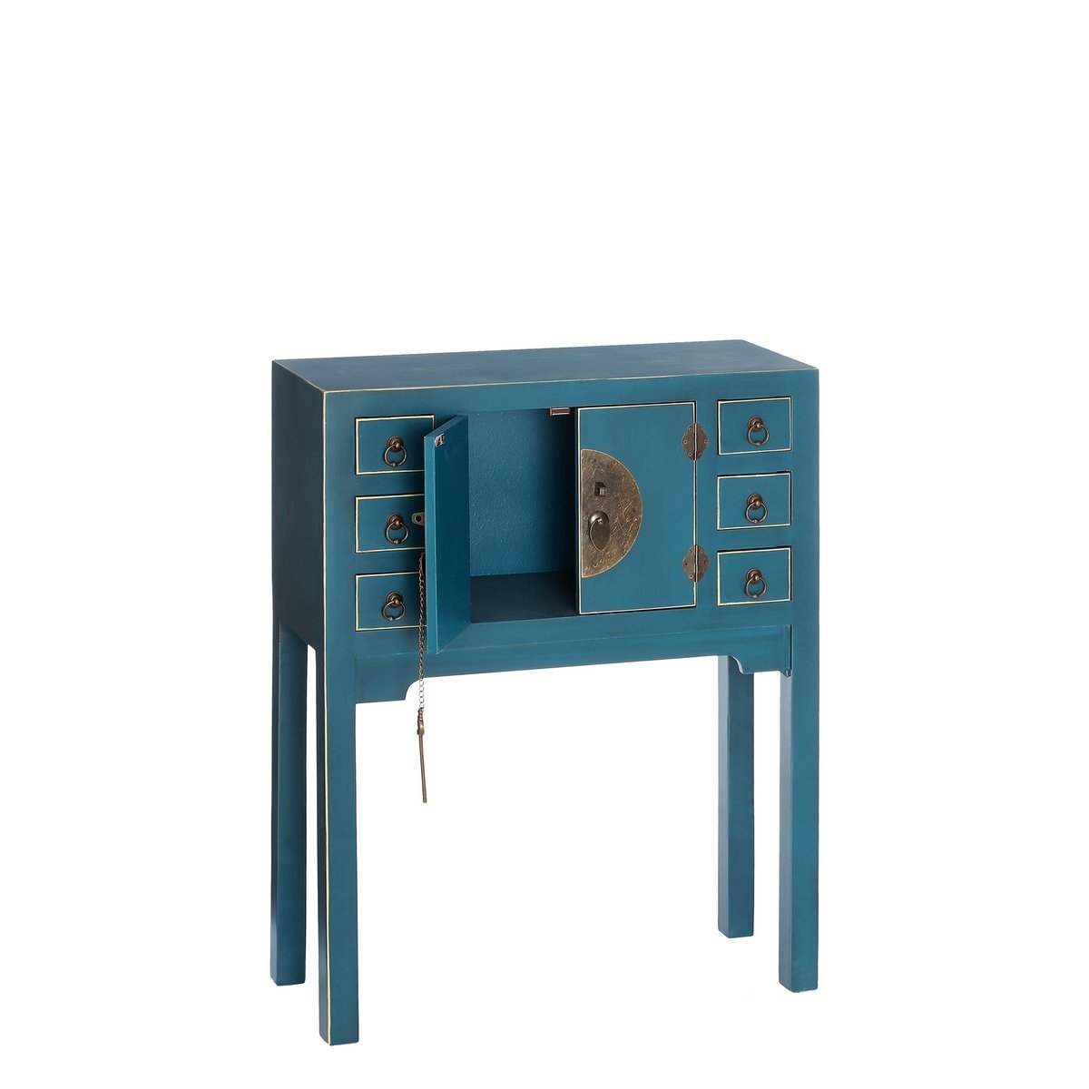 Consola de 6 cajones y 2 puertas oriental azul de madera para entrada
