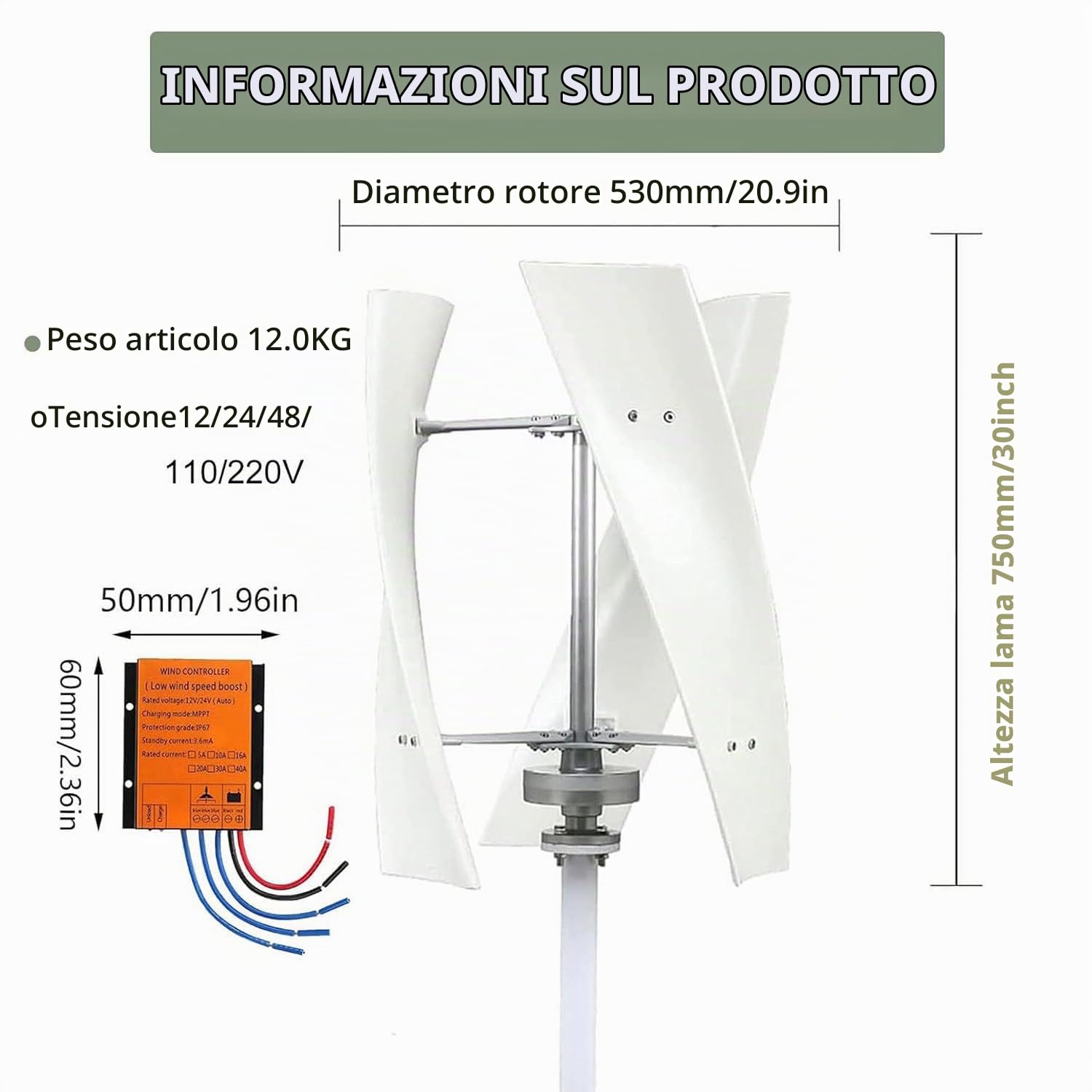 Kit Generatore Eolico Verticale Turbina Eolica 6000 W, Attrezzatura Per Produttore Elettricità Kit Energia Elettrica Casa, Kit Energia Eolica Generatore Energia Ad Asse Verticale Trifase,48V