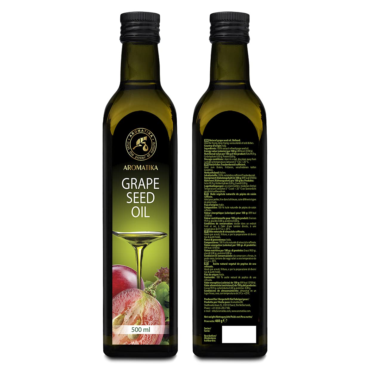 Aceite de Semilla de Uva 500ml - Aceite de Pepita de Uva para Cocinar y Hornear - Vegano - Aceite para Ensaladas - Aceite Culinarios - Ideal para Consumo, Freír y Aderezos de Ensaladas