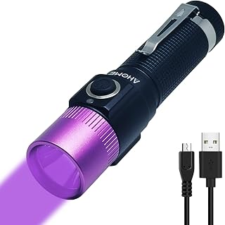 AHOME V10 UV 395nm Blacklight Torch [Purple Head] & [USB Rechargeable] Black Light Ultraviolet LED Lamp, Scorpion Finder & Pet Urine Detector with 3000mAh Battery and Charging Cable