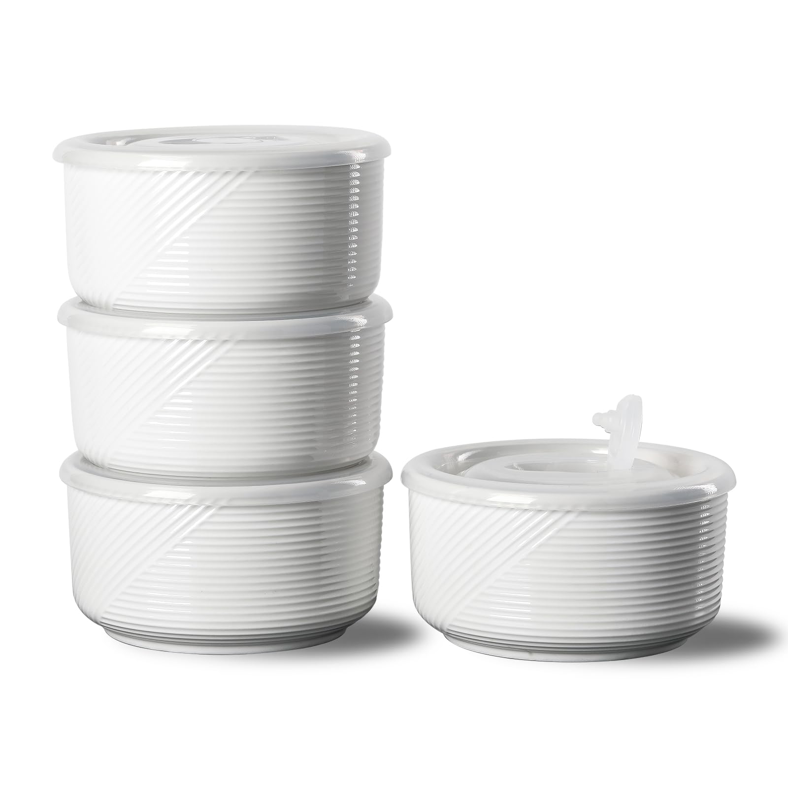 Ceramic Bowls with Lids: 20 oz Microwave Safe Food Storage Containers for Soup, Salad, Cereal, Leftovers, Meal Prep, Lunch, Picnic, Camping, Serving - Airtight, White, Set of 4