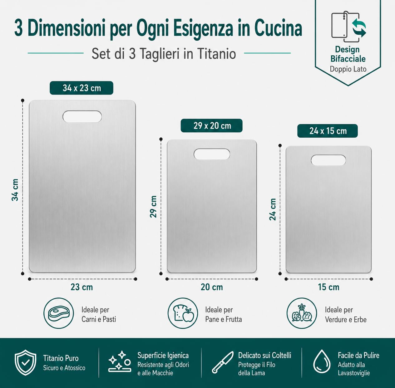 EQTECH Set 3 Taglieri in Acciaio Inox 316 e Titanio per Cucina – 34x23 cm, 29x20 cm e 24x15 cm – Spessore 1 mm – Superficie Non Porosa, Facili da Pulire – Ideali per Carne, Pesce, Frutta e Verdura.