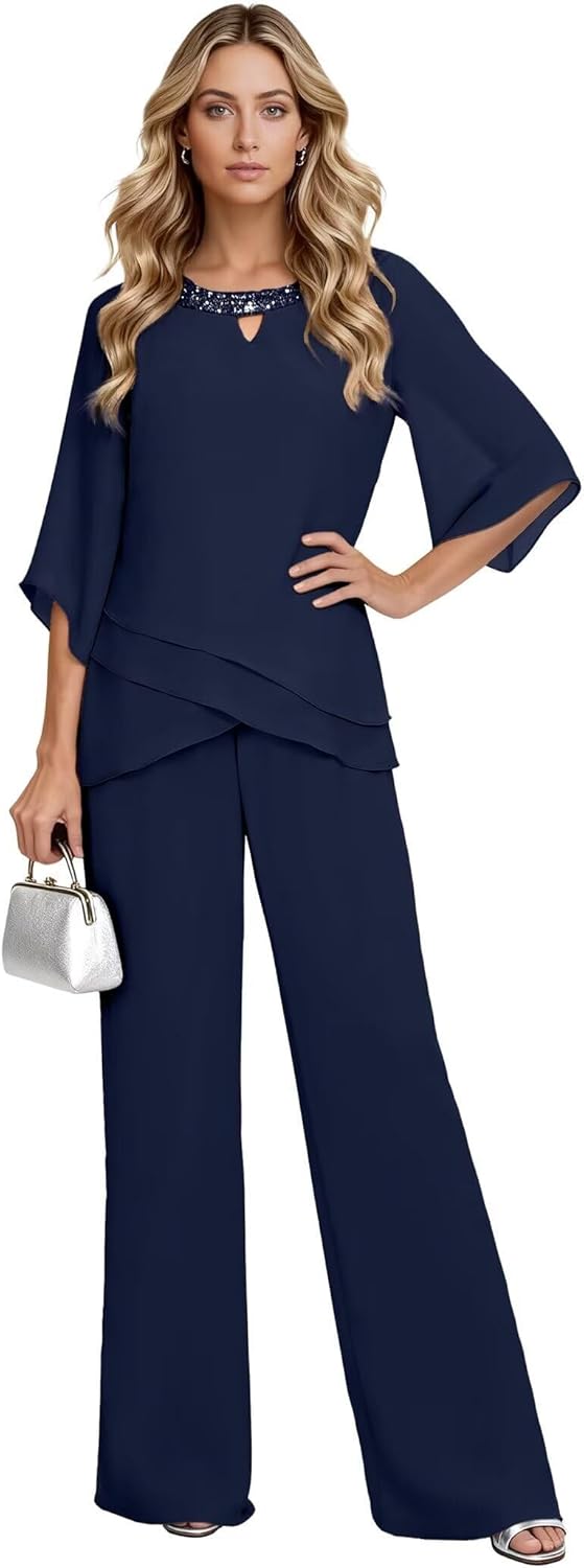 2 Pieces Mother of The Bride Pant Suits with Short Sleeves Chiffon Formal Grandmother Pantsuit Outfits for Wedding