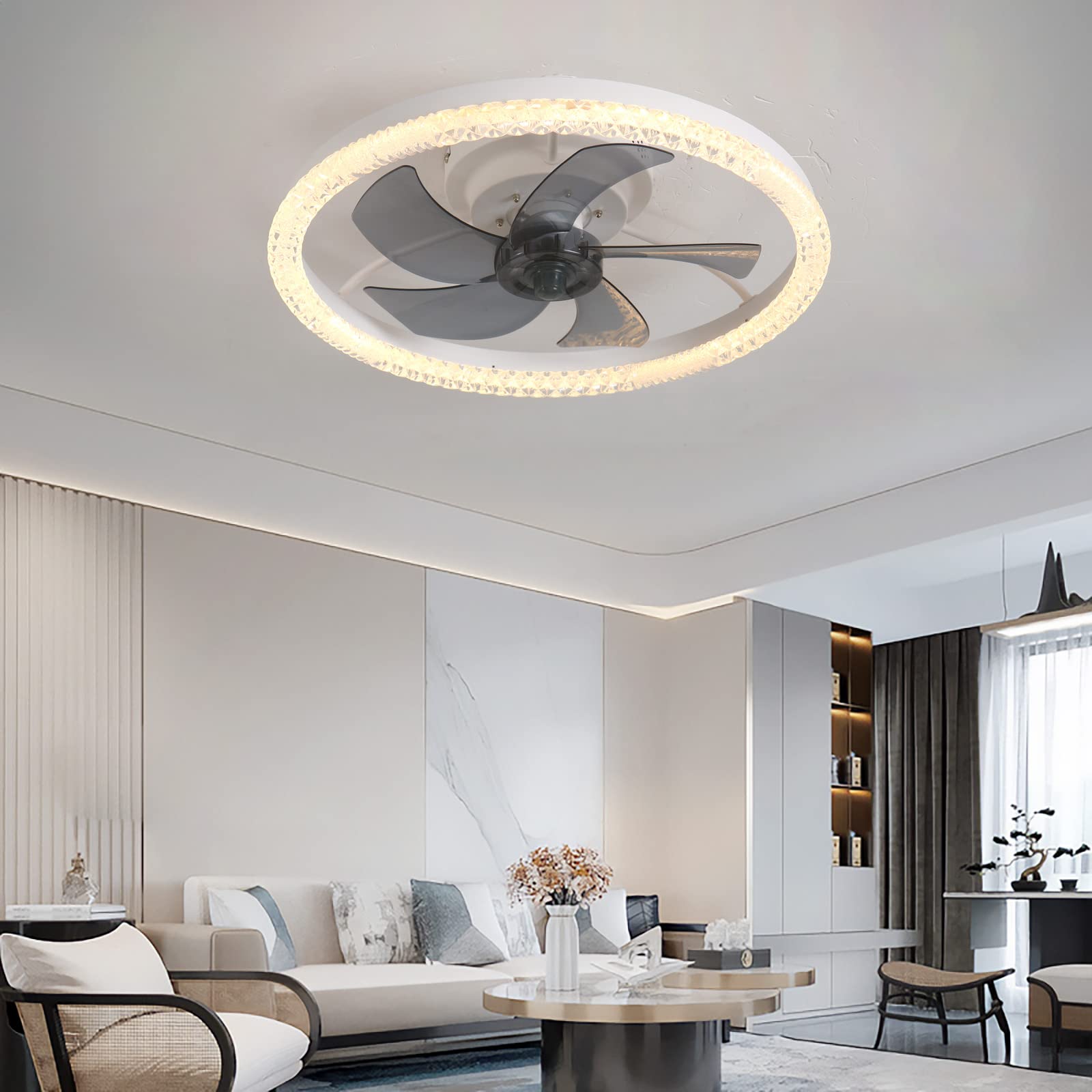 Lampa DC Z Wentylatorem Nowoczesny Cichy Dwustronny Wentylator Sufitowy Ze Światłem LED Ściemnialna Lampa Sufitowa Z Okrągłym Wentylatorem I Pilotem Do Salonu-White