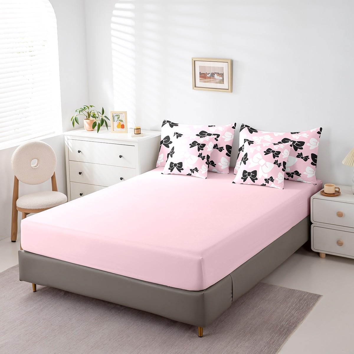 Feelyou Kids Bowknot Comforter Set Queen Size 7 Pieces Bow Boys Girls Fairy Princess Themed Bedding Set Pink Bed in a Bag with Comforter, Sheets, Pillowcases & Cushion Cover