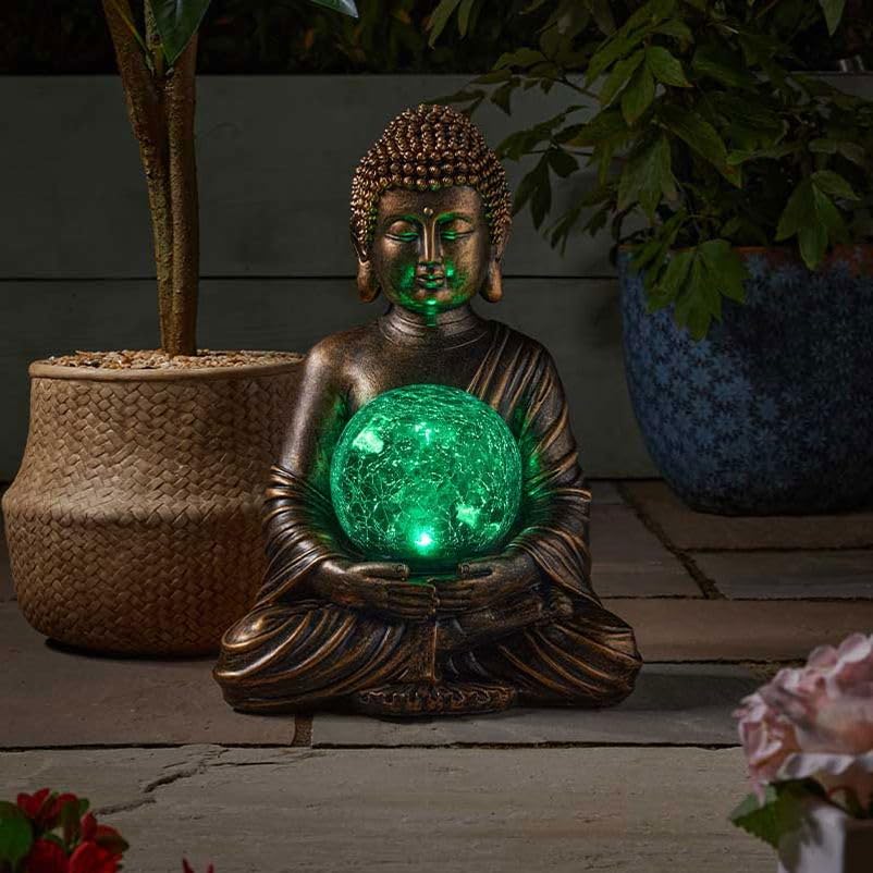 Pflanzen-Kölle Multicolored Asian Garden Statue, Color Changing LED Ball Buddha God, Resin Material, 30x10x33 cm