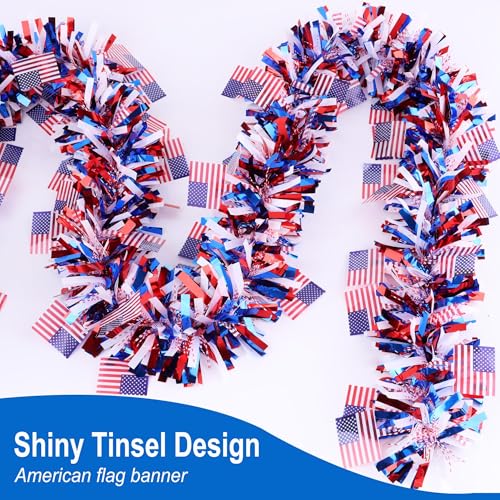 Image of 50FT 4th of July Decorations Red White Blue American Flag Tinsel Garland, Metallic Patriotic Garland for Fourth of July Independence Day Memorial Day Decor Outdoor Indoor Home Party Decor Supplies
