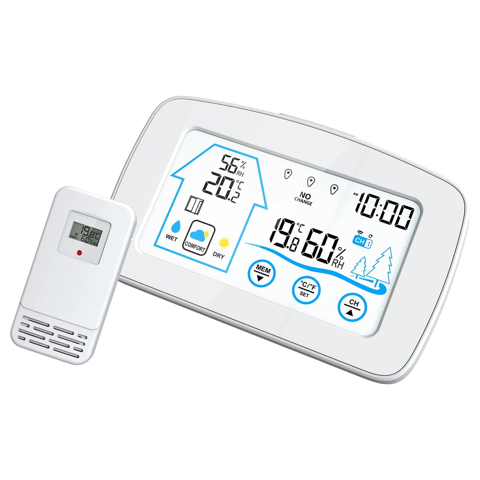 Jazuaiao White Indoor Outdoor Hygrometer With Color Lcd, Open Alert & Temp, Comfort Indicators Digital Temperature Humidity Monitor