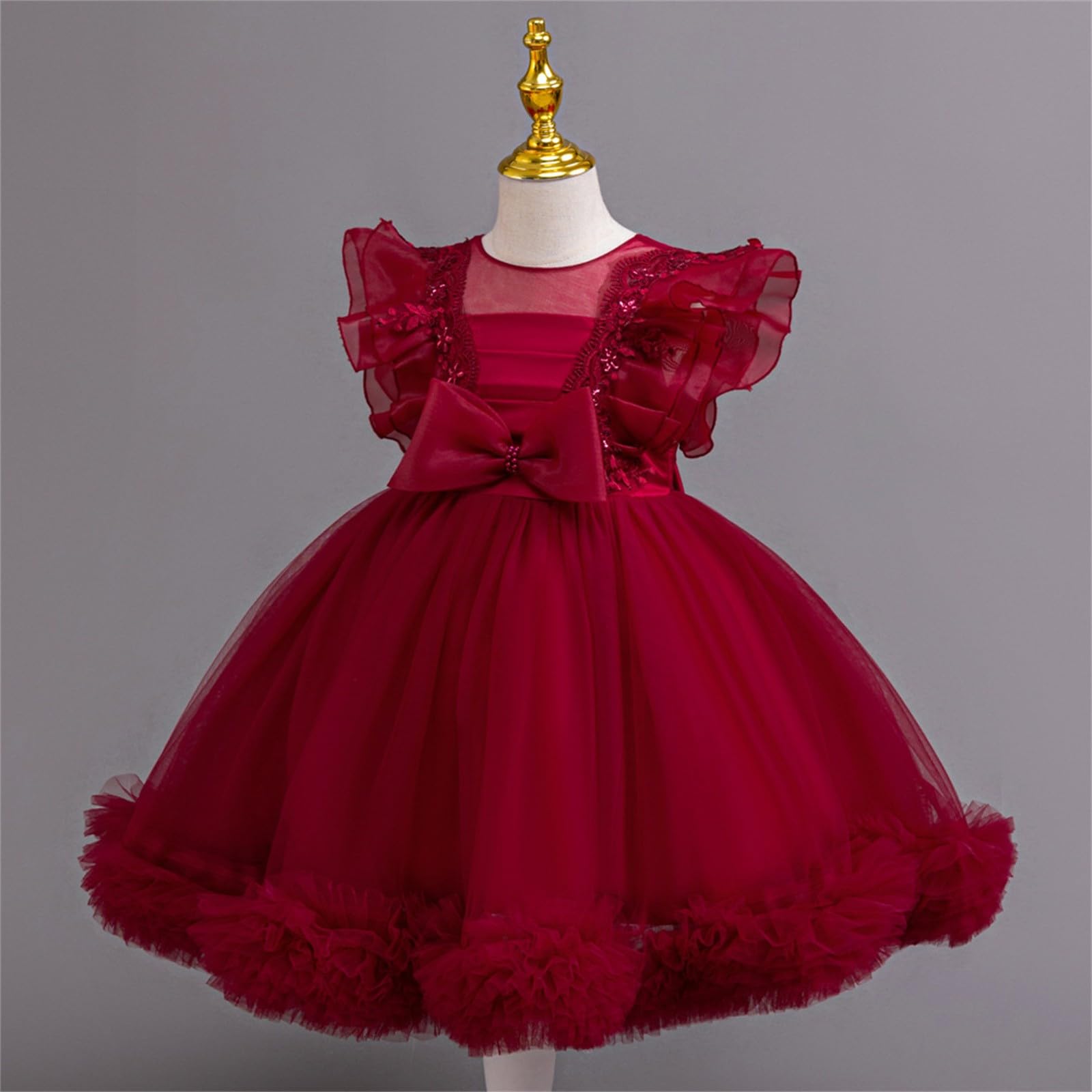 Abito da principessa per ragazze, in tulle, con fiocco, per feste di compleanno, formali, balli studenteschi, matrimoni, damigelle d'onore, concorso, maniche a volant, abiti car