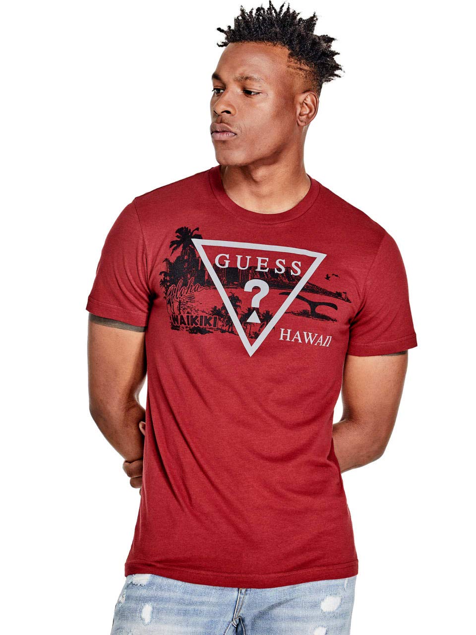 GUESS Factory Men's Hawaii Triangle Logo Crewneck Short Sleeve Tee