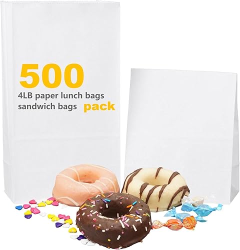 Bolsas de papel marrón para almuerzo, 4 libras, 500 unidades, bolsas de papel kraft, bolsas de regalo para sándwich, desayuno, comestibles, bolsa al