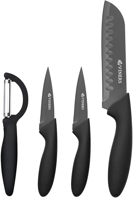 Viners Everyday Knife Set | Stainless Steel Kitchen Knife Set & Peeler with 5 Year Guarantee | Black, 4 Piece
