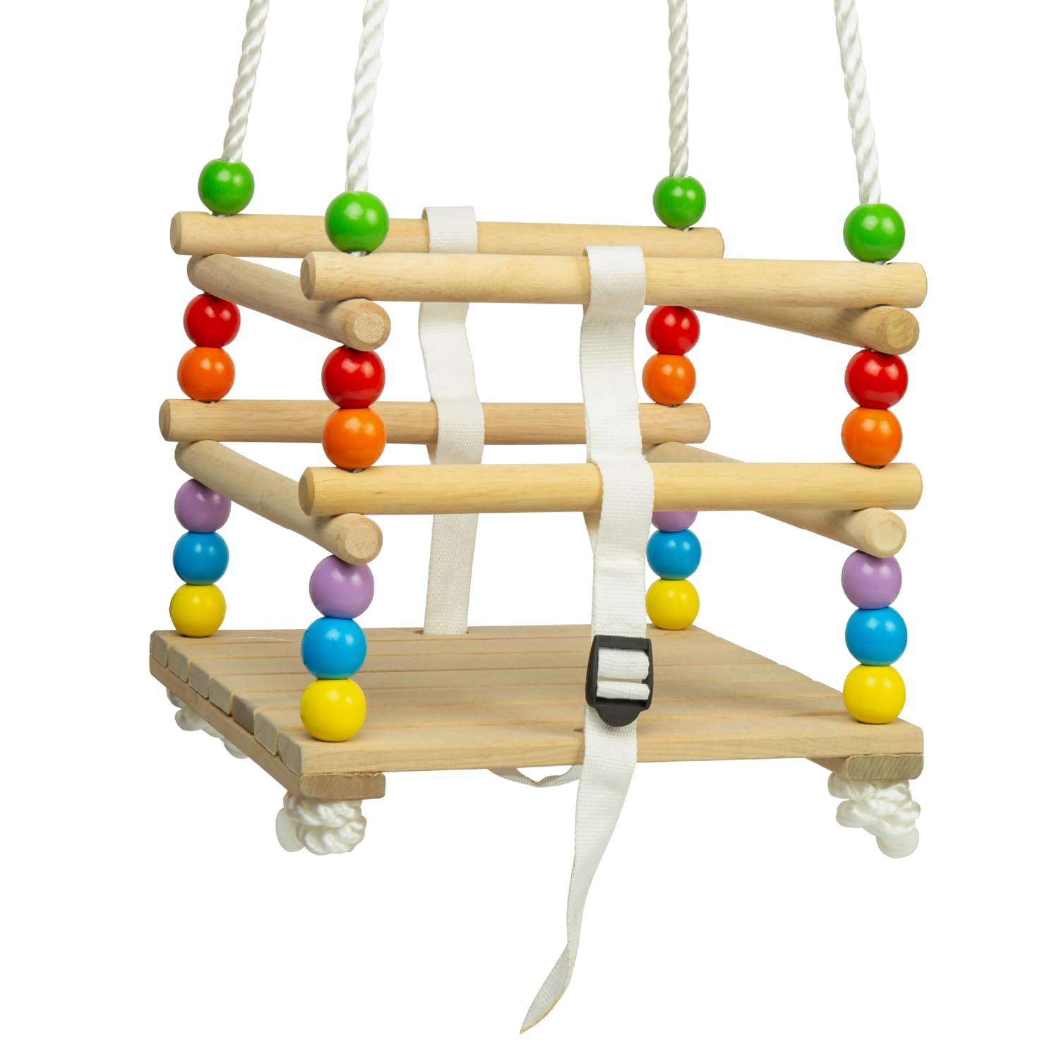 Bigjigs Toys Wooden Cradle Baby Swing | Outdoor Hanging Chair Set with Adjustable Rope | Kids Garden Furniture with Beads for Infant Sensory Play | Rocking Seat for Babies from 18 Months OldThe Forest Stewardship Council