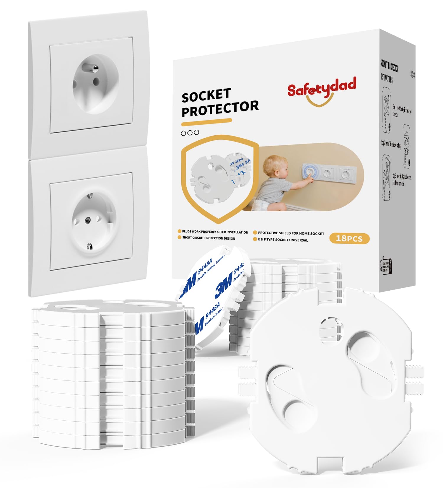 Cache Prises Bébé – Lot de 18 Sécurités Enfant, Cache Prise Électrique Type E/F – avec Adhésif 3M, installation facile sans vis – Protection Bébé et Animaux