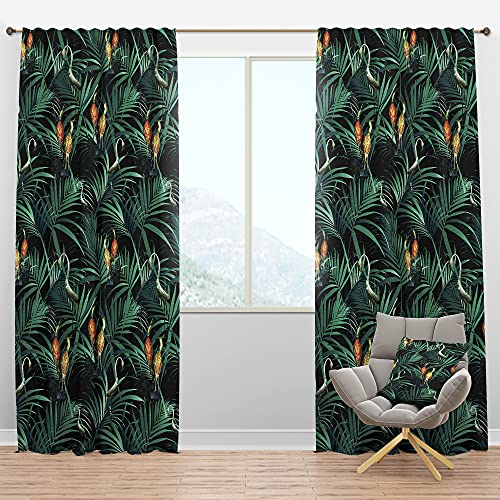 DesignQ Cortina Opaca Abstracta con diseño de pájaros Amarillos Tropicales en Negro con Hojas de Selva Verdes