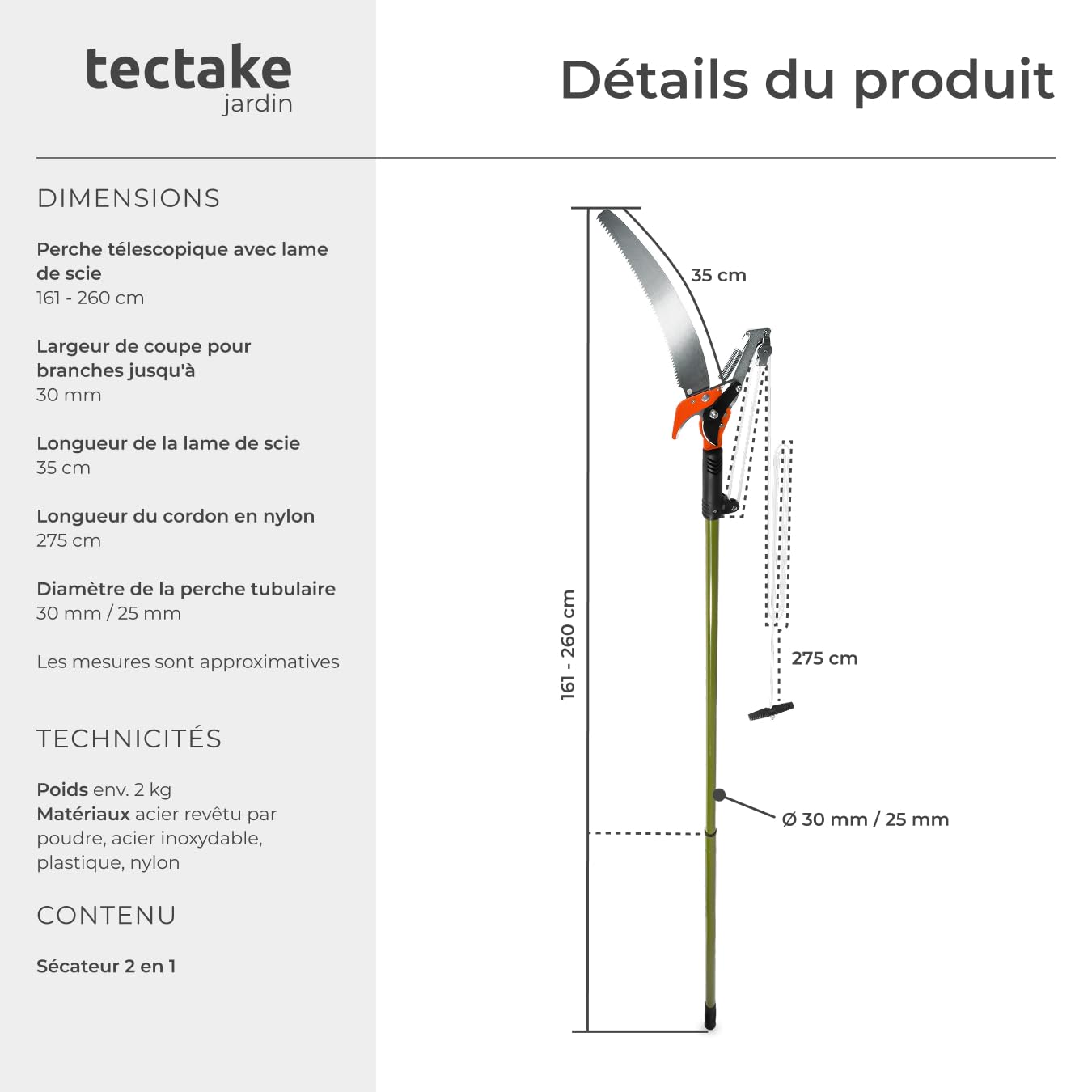 tectake® Coupe branche telescopique 2en1 Secateur et Scie à élaguer, Extensible 161-258 cm, Hauteur de travail max. 4m avec poignée de tirage, Elagueuse sur perche Taille haie Outils jardinage