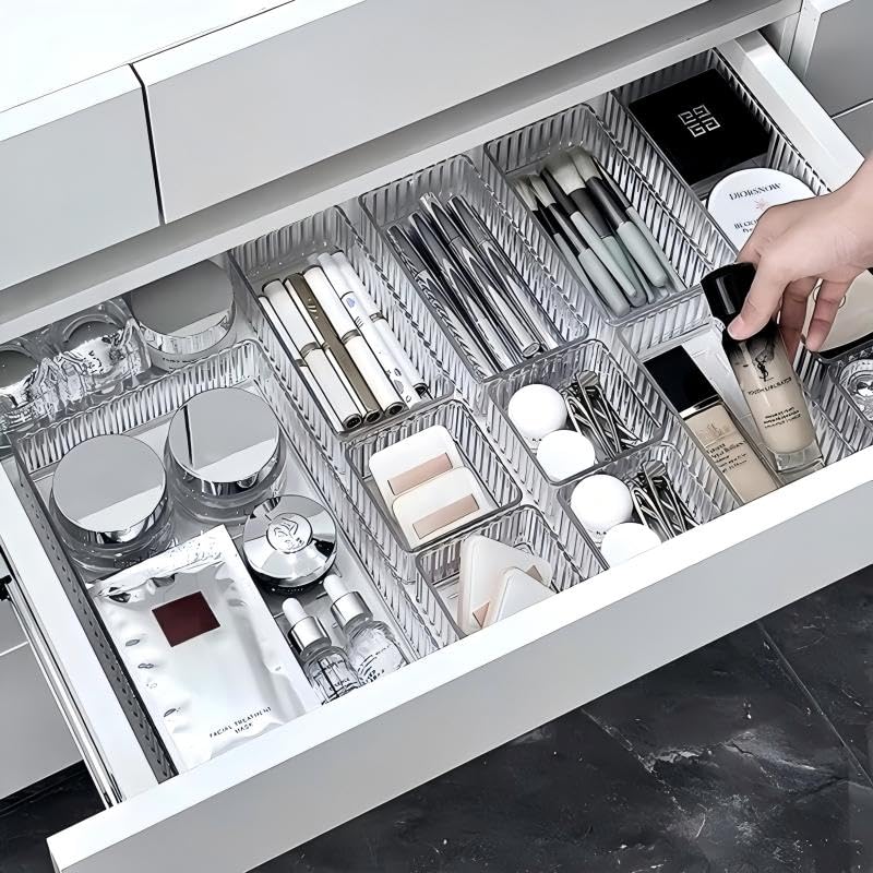 Clear Drawer Organiser Set - 10Pcs 3 Sizes PET Plastic Storage Trays Free Combination Stackable Easy Clean Multipurpose Dividers for Vanity Makeup Jewelry Skincare Nail Care Kitchen Bathroom Office