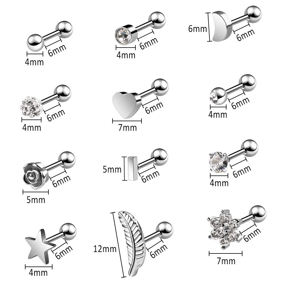 Orecchino Cartilage, 12 paia di orecchini di Tragus hanno 12 forme diverse e orecchino di Tragus de Cartilage per uomo donna, orecchino piercing facile da indossare, Acciaio inossidabile