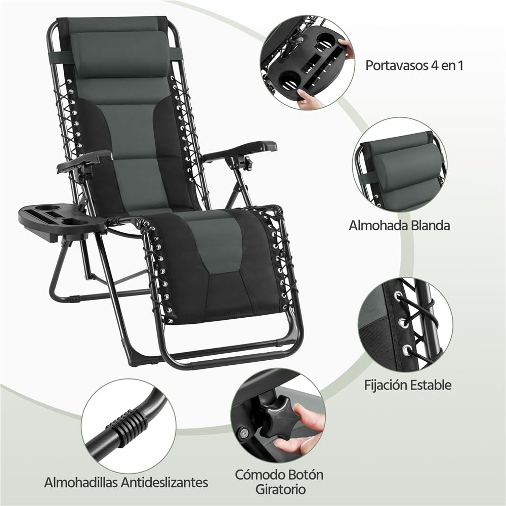 Yaheetech Tumbonas Jardin Exterior Silla Reclinables de Cero Acolchada Tumbona Plegable Tumbona Playa para Piscina con Portavasos Negro/Gris Carga Máxima: 114 kg