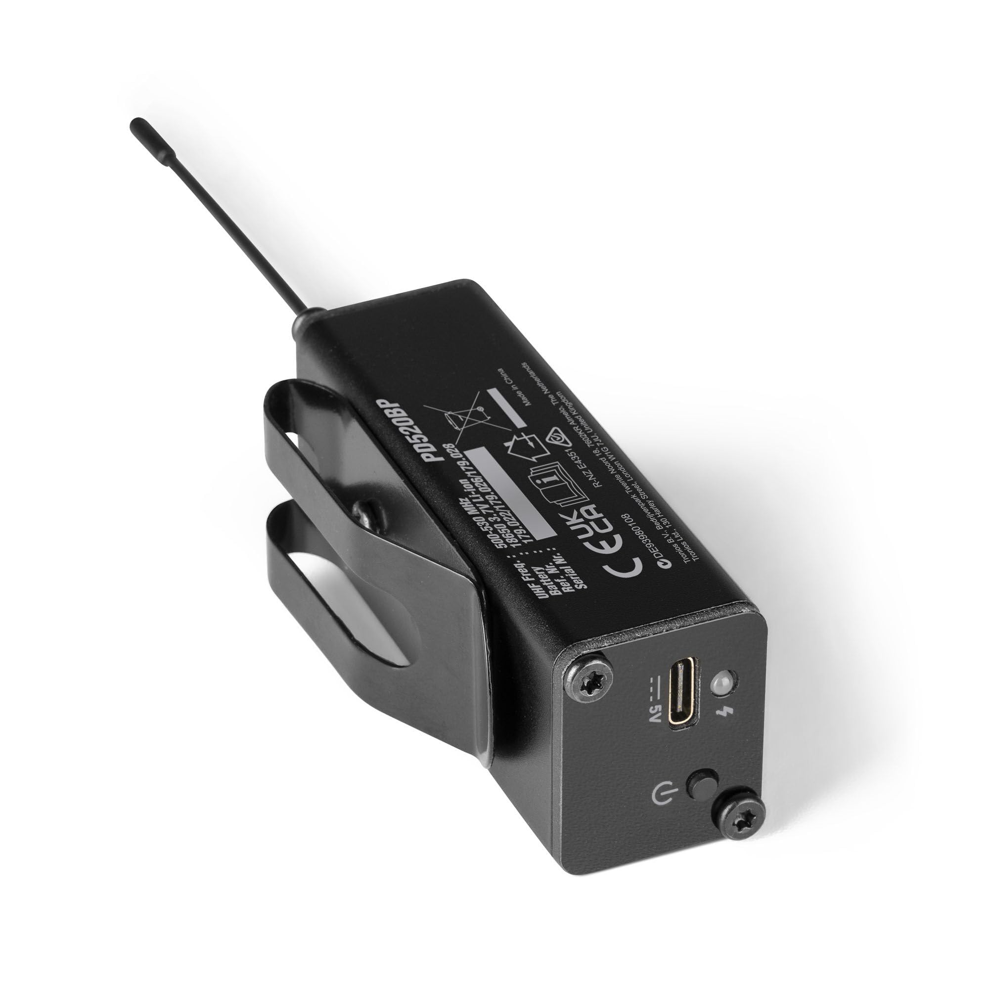 Power Dynamics PD520BP Micrófono de Cuerpo con Auriculares inalámbricos y micrófonos de Solapa para la Serie PD52, 100 Canales UHF, batería Recargable, indicador de bajo Consumo, Pack de Bolsillo.
