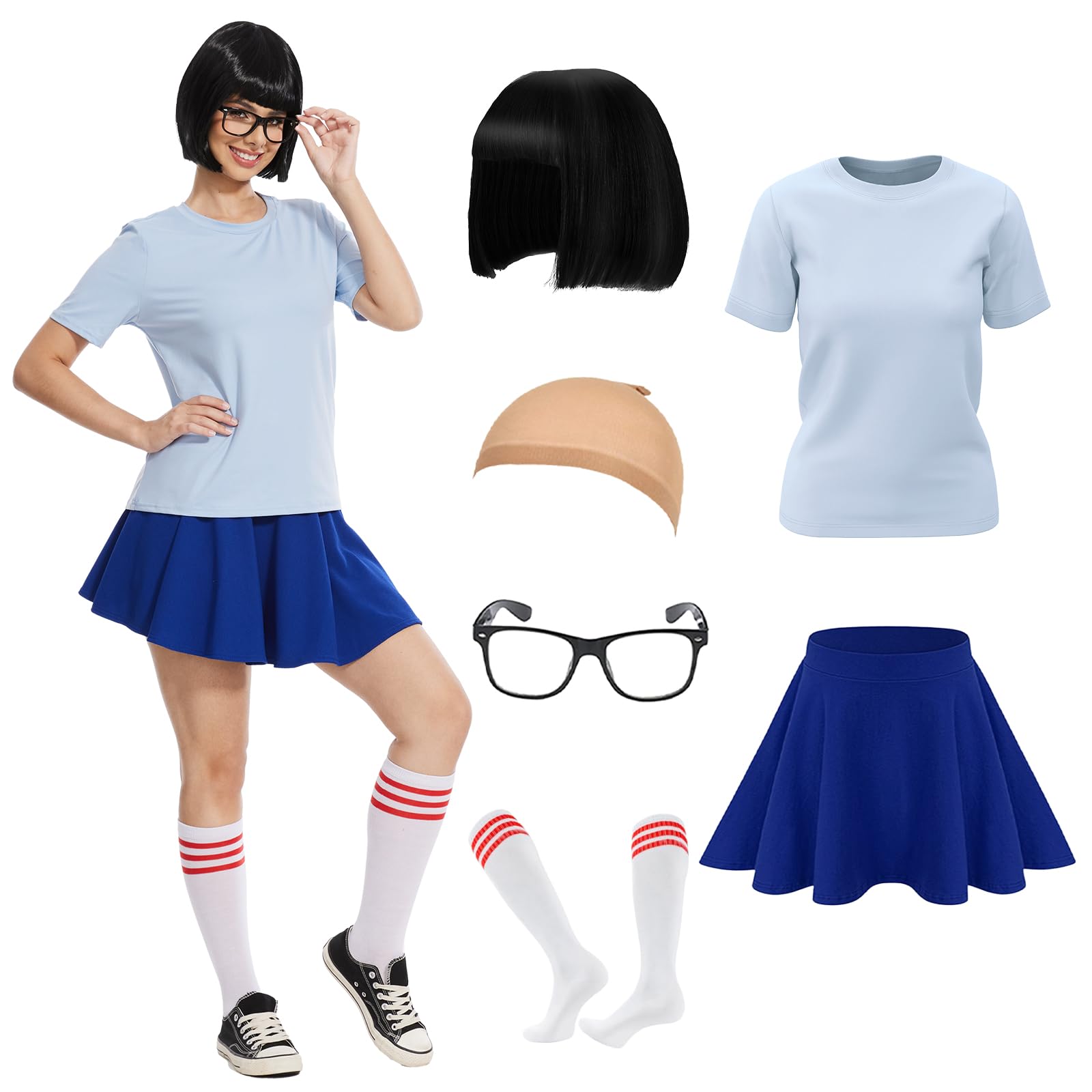 AKFJDLAD 6 Pcs Halloween Women Nerd Costume Outfit for Adult Classic Movie Character Costume Cosplay (L)