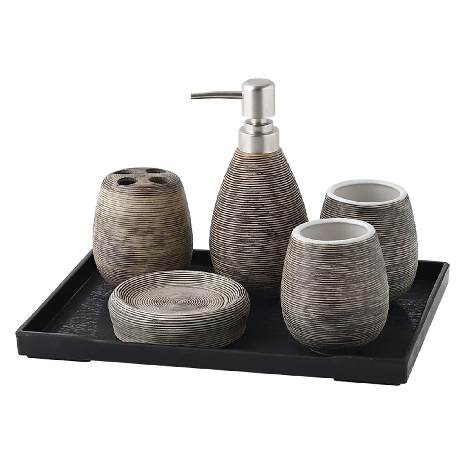 Bad-Accessoires Set Keramik Badezimmer 6-Teilig Mit Seifenspender Zahnbürstenhalterung Seifenschale Becher Und Ablagefach Luxuriöses Badezimmer-Set,Schwarz