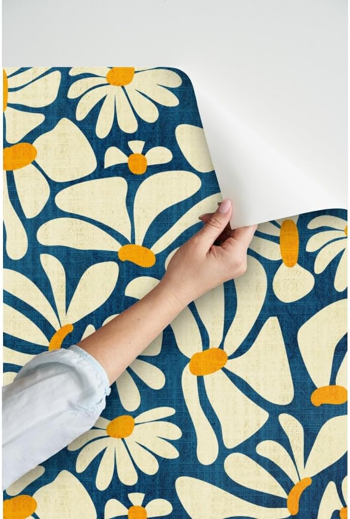 Spoonflower Peel & Stick Wallpaper Swatch - Retro Daisy Flower Power Blue Floral Vintage Groovy 70S 60S Custom Removable Wallpaper
