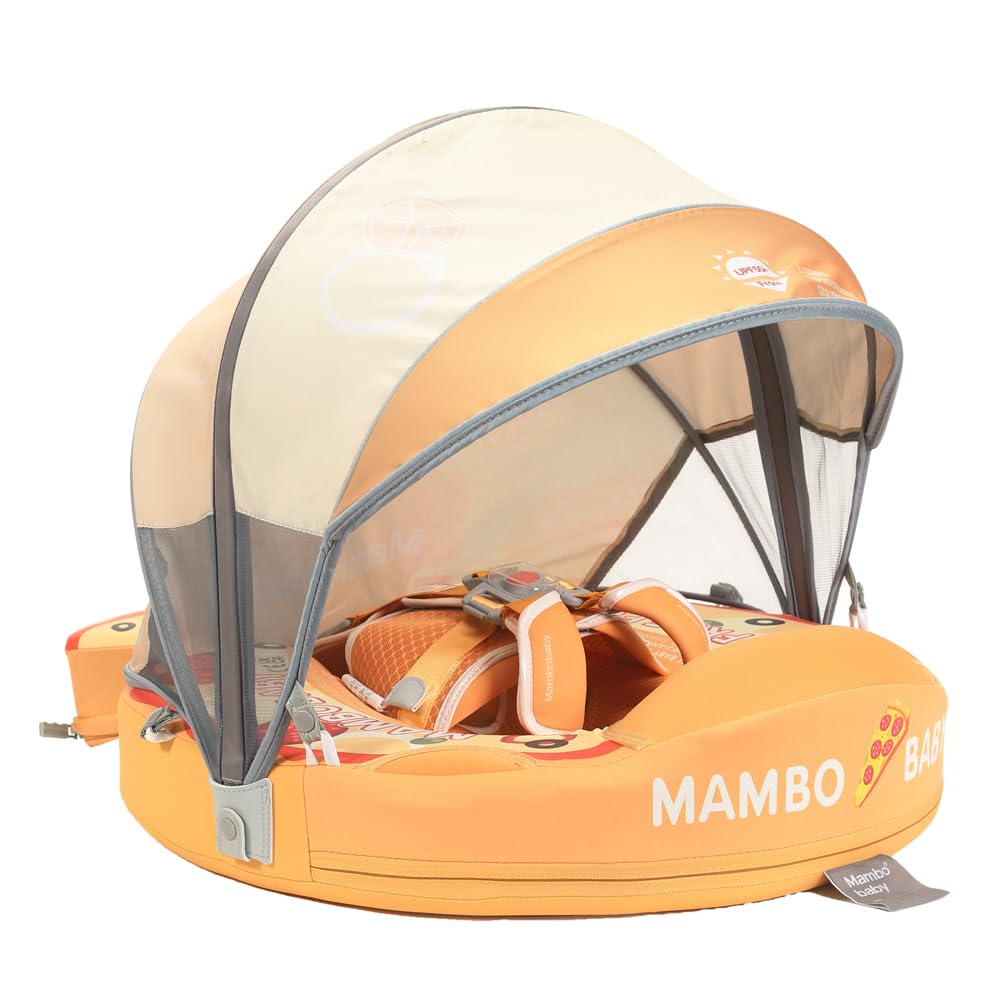 Mambobaby Float with Canopy Baby Pool Floats Non Inflatable for Swimming Baby Swim Float Safety Swim Tranier Upgraded Tail Solid Pool Float for Infant Toddler 3-24 Months, Pizza