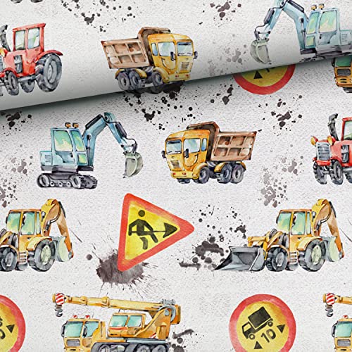 No se vende por metros, telas para coser para niños, 95% algodón, sudadera de verano: tejido de rizo francés de 0,5 m con vehículos en la obra, tela infantil para niños con tractor, camión excavadora,