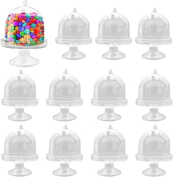 12 Pack Plastic Mini Cake Stand with Dome, Cake Stand Candy Box Bulk for Candies, Clear Small Cake Display Stand for Chocolate, Dessert, Wedding, Birthday, Baby Shower, Tea Party Supplies
