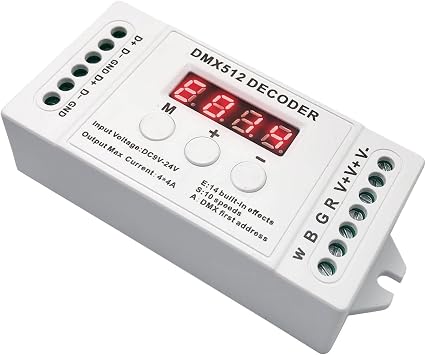 GIDEALED 4 Channel DMX Decoder, RGBW DMX512 Decoder with Digital Display, Mini DMX512 Dimmer Driver PWM 16A LED Controller for RGB RGBW LED Strips DC9-24V