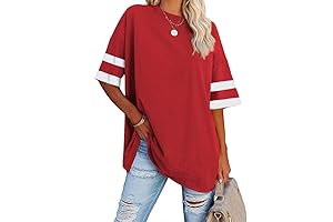Womens Red Oversized Shirt, Loose T-Shirt with Half Sleeves and Crew Neck