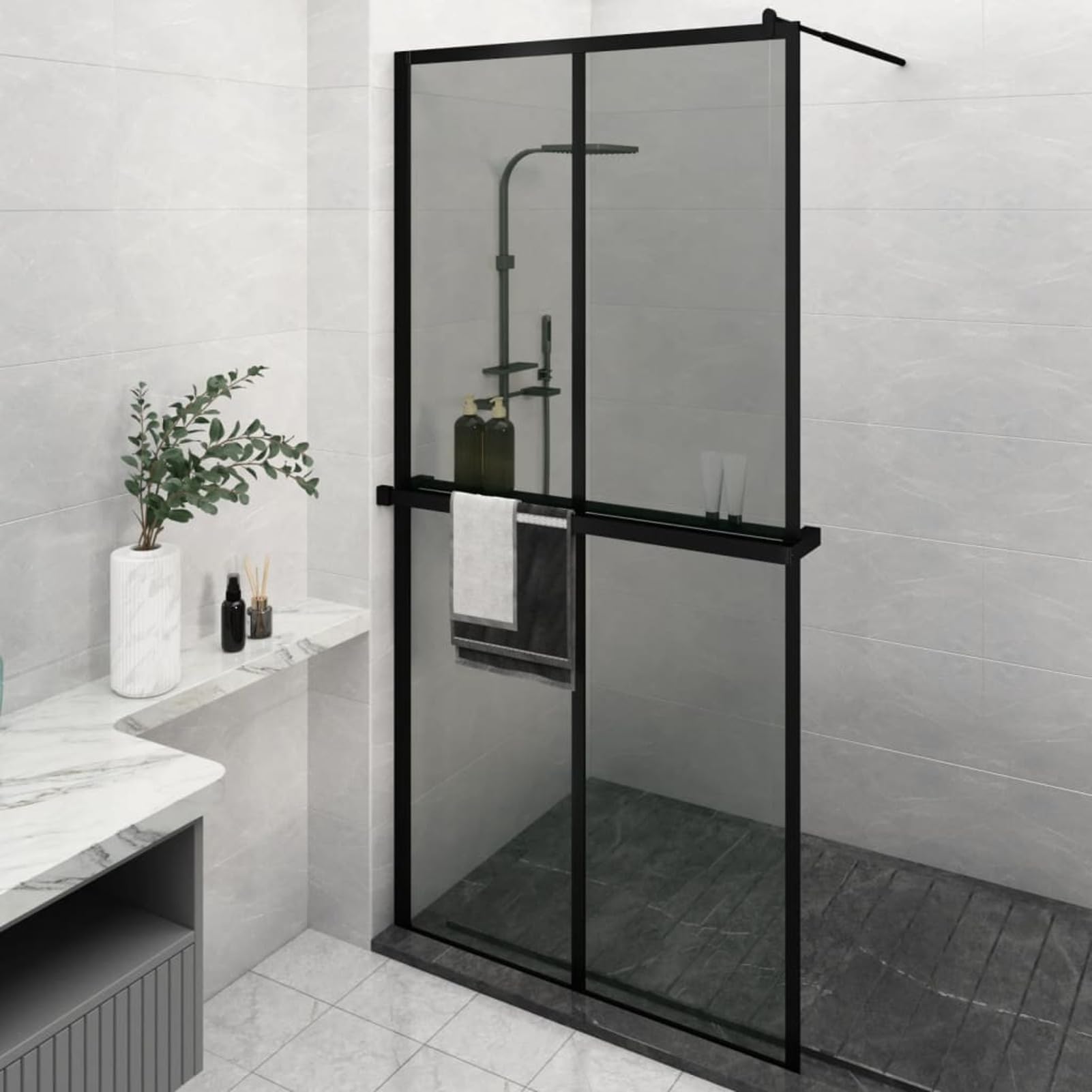 Mampara Ducha con Estante Vidrio ESG y Aluminio Negro 118x195cm, Mampara Bañera, Mampara Baño Ducha, Cabina De Ducha, Mampara Baño
