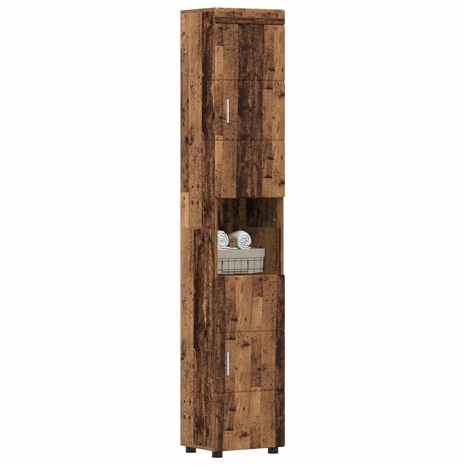 Armario de baño Tulum con aspecto de madera vieja, armario de baño estrecho de madera con acabado mate, estantería moderna con mucho espacio de almacenamiento, 37 x 31,5 x 203 cm