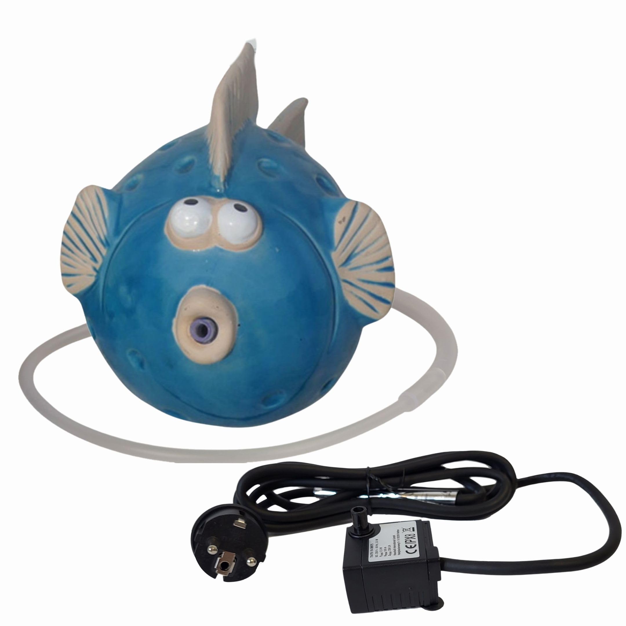 Wasserspeier Fisch blau aus Keramik mit Pumpe 230V 12cm für Miniteich - Balkon und Terrasse