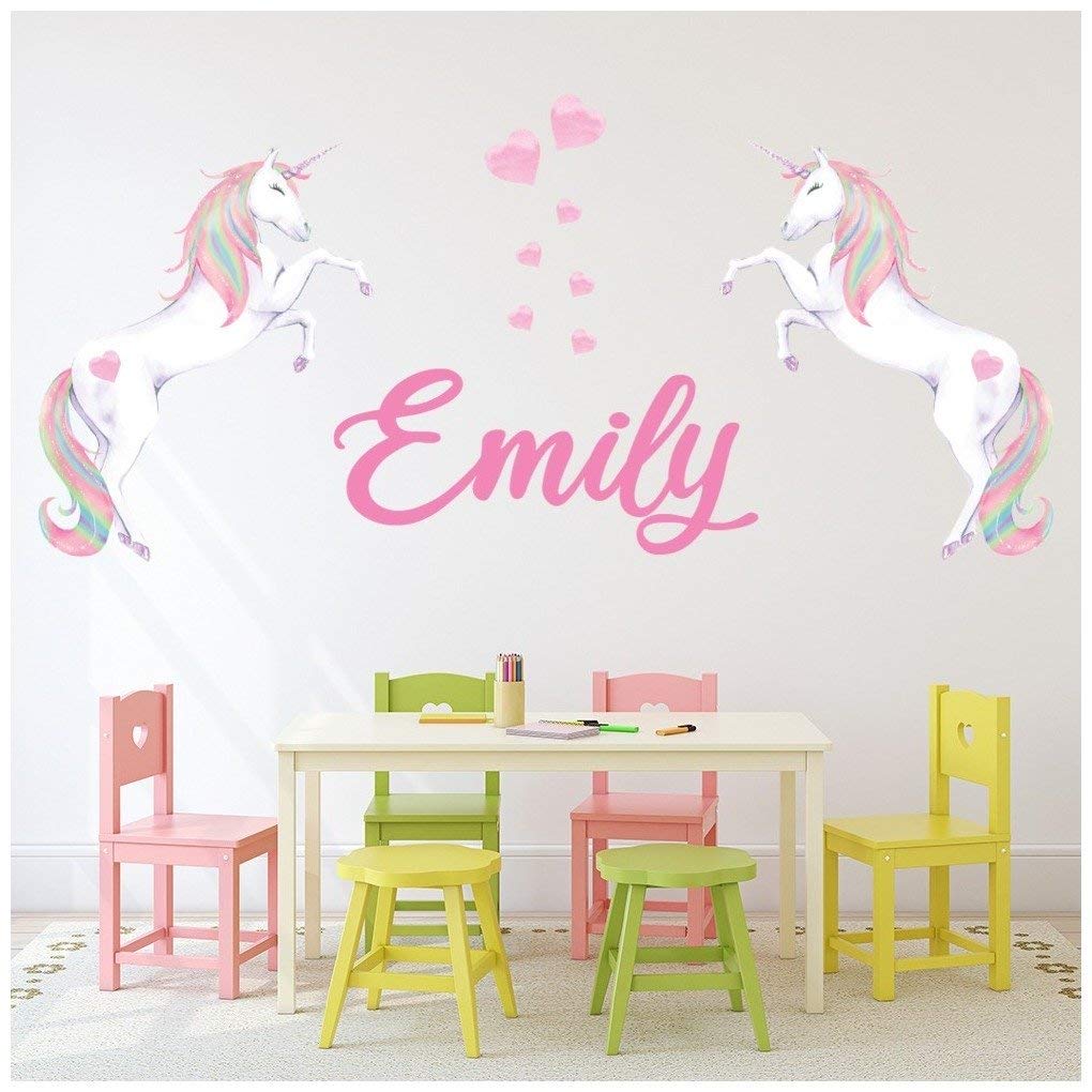 azutura Custom Name Unicorns & Hearts Wall Sticker Personalised Kids Room Decal available in 8 Sizes Digital