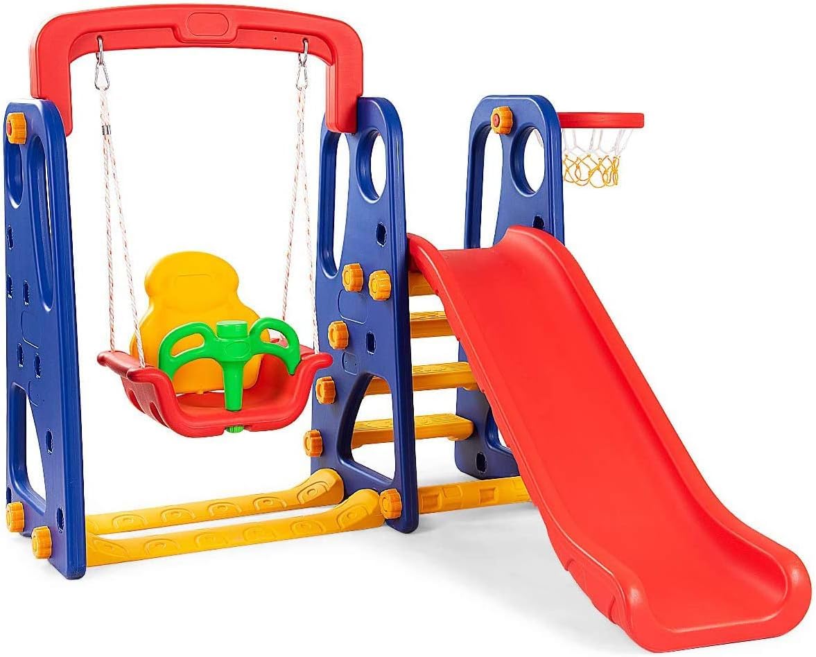 4 in 1 Slide and Swing Set for Toddlers, Kids Freestanding Climber Slide Playset for Boys Girls with Basketball Hoop, Extra Long Slide, Easy Set Up Baby Playset for Indoor Outdoor Backyard