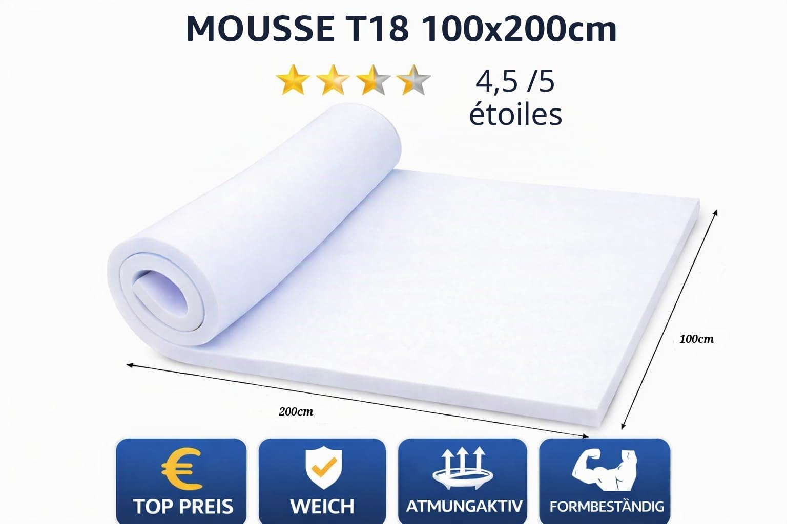All4All Mousse de Rembourrage - Mousse Haute densité pour canapés et assises - 100x200x2 - T18
