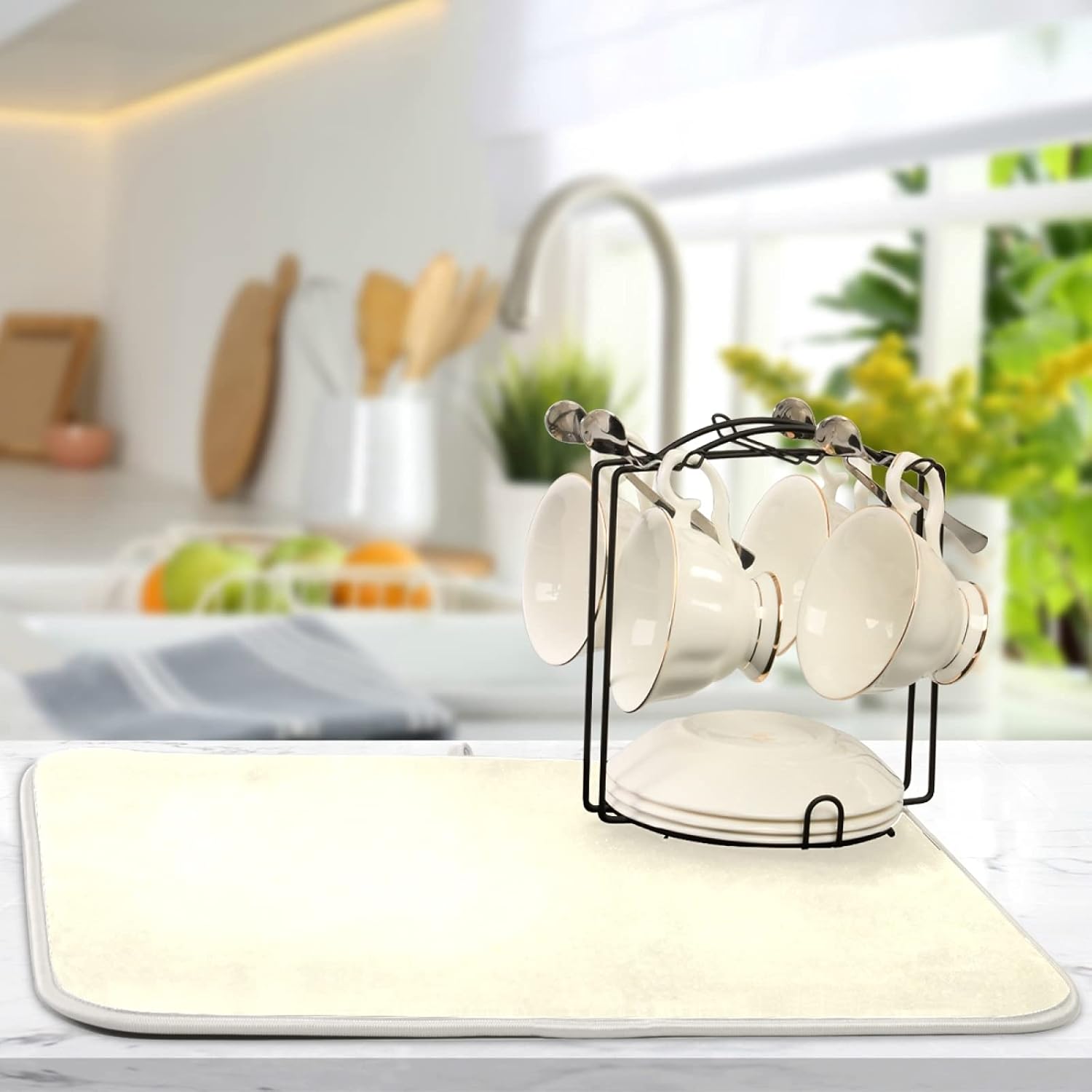 Dish Drying Mat for Kitchen Counter Absorbent Microfiber Dry Dishes Mats Drainer Counter Mat Beige Drying Dish Pad 16 x 18 Inch for Countertops Decor 16x18in Beige