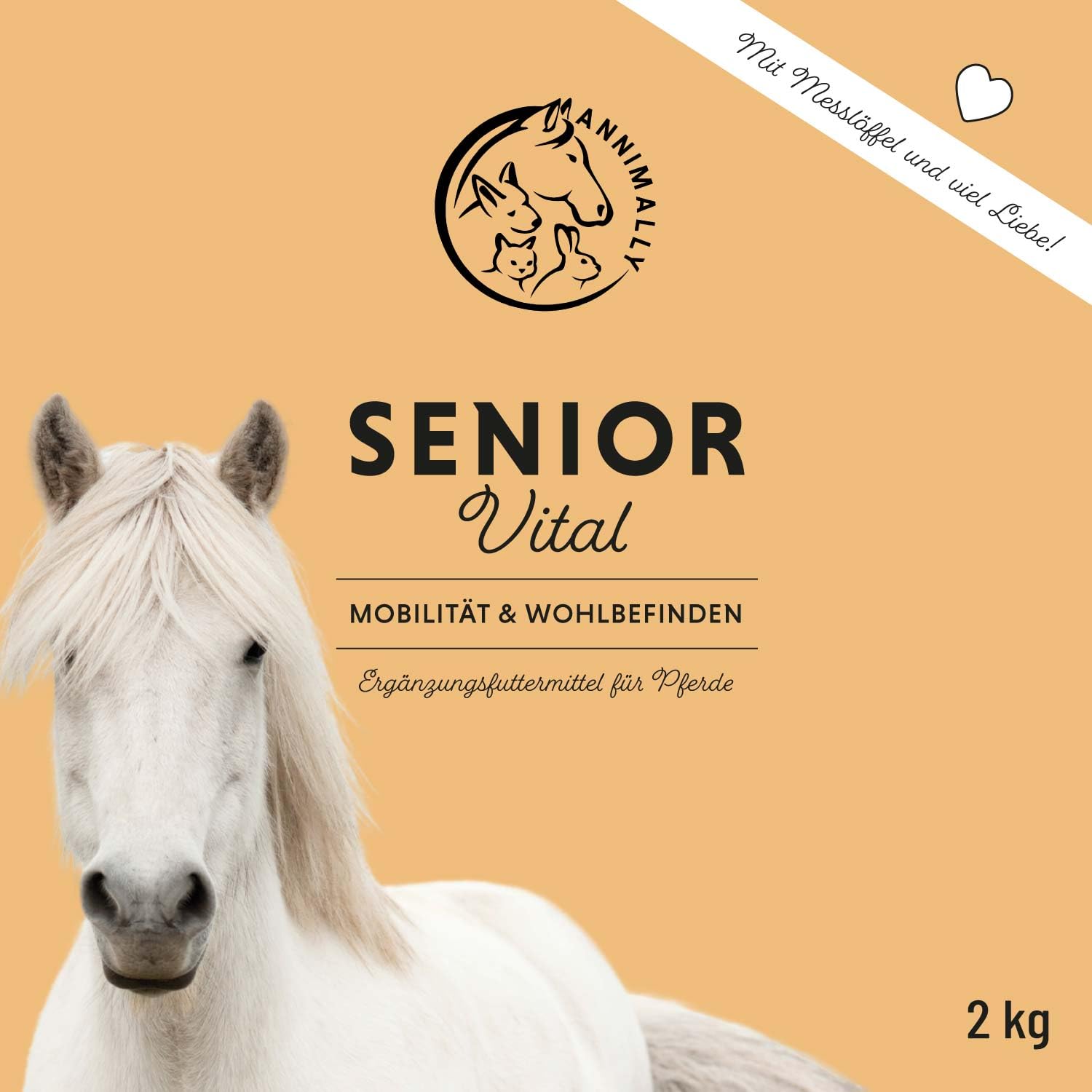 Annimally Senior Vital Pulver Pferd 2 kg mit MSM, Traubenkern, Glucosamin, Teufelskralle - Senior Zusatzfutter zur Unterstützung von Herz & Kreislauf sowie Knochen und Gelenke im Alter