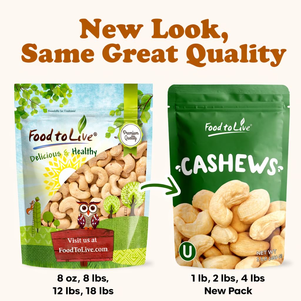 Food to Live Cashew Nuts, 8 Pounds - Large Size W240, Whole Nuts, Unsalted, Kosher, Raw, Vegan, Bulk