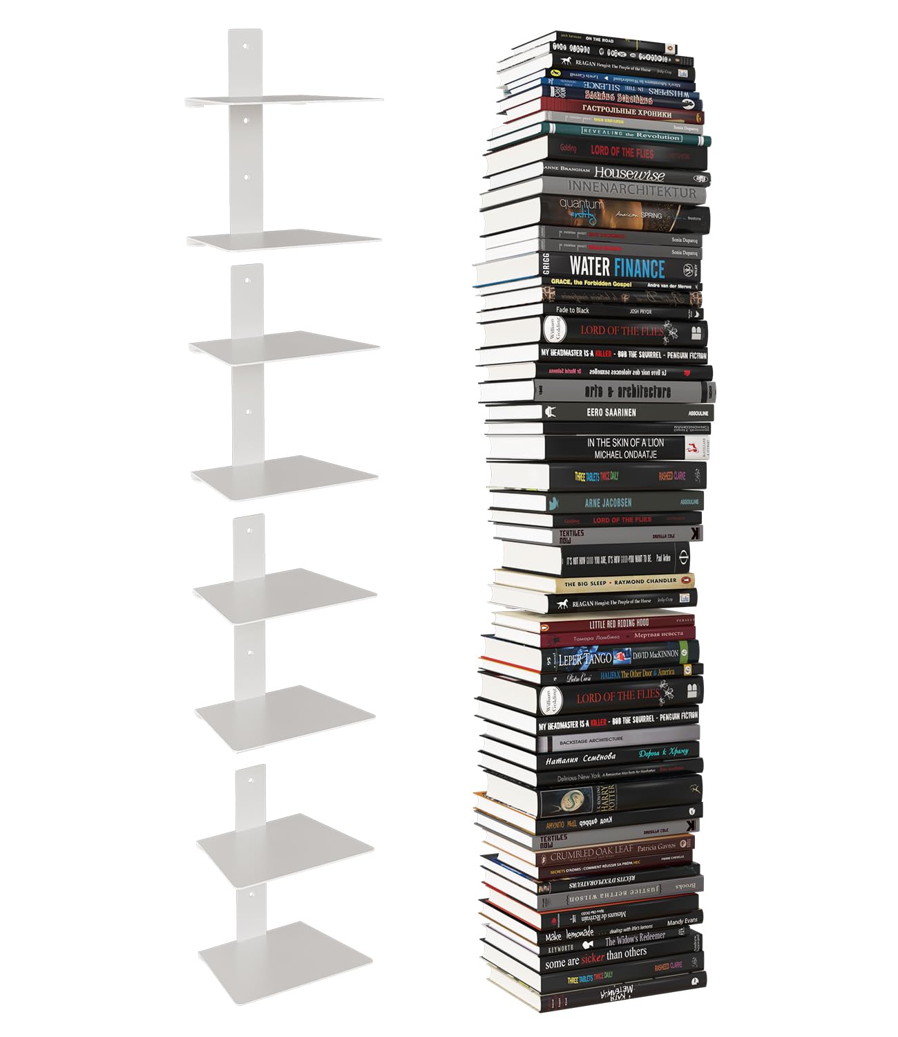 Floating Book Shelves for Wall, 8 Tier Invisible Bookshelves Heavy Duty Metal Loads 120LBS, Vertical Spine Book Tower Hanging Bookshelves, Shelves for Room Wall Mounted, 4 Pack White