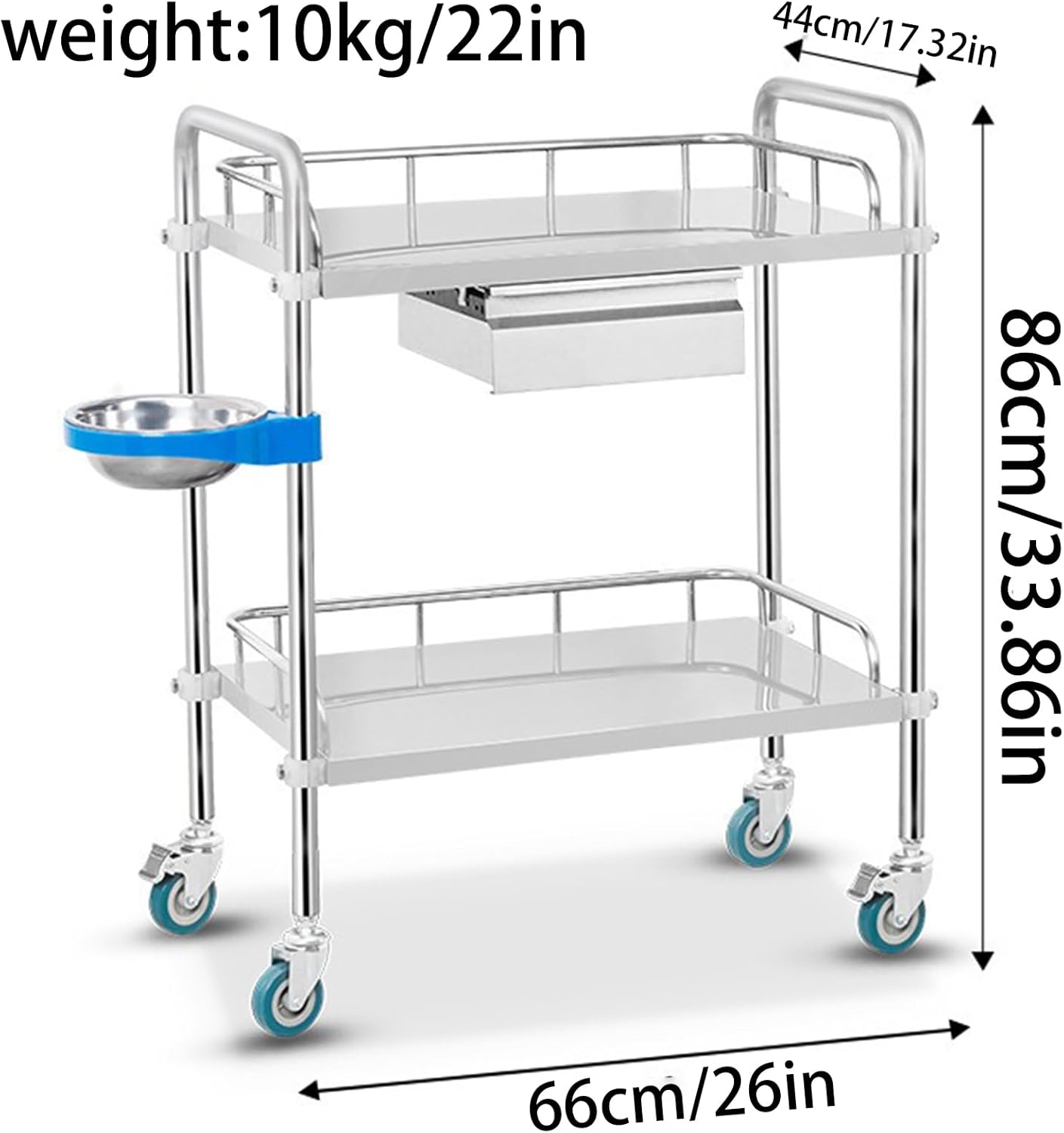 Stainless Steel Lab Cart with Wheels, Lab Rolling Cart, 2-Shelf Stainless Steel with Two Drawers, Assemble The Surgical Cart, Surgical Dressing Changer Instrument Vehicles,Silver